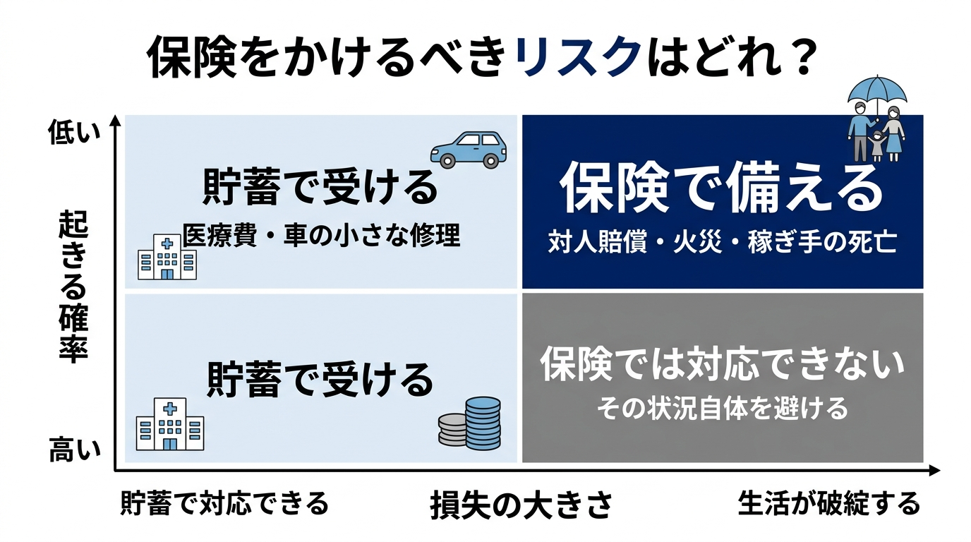 保険をかけるべきリスクの判断マトリクス（確率が低く生活が破綻する損失だけ保険で備える）