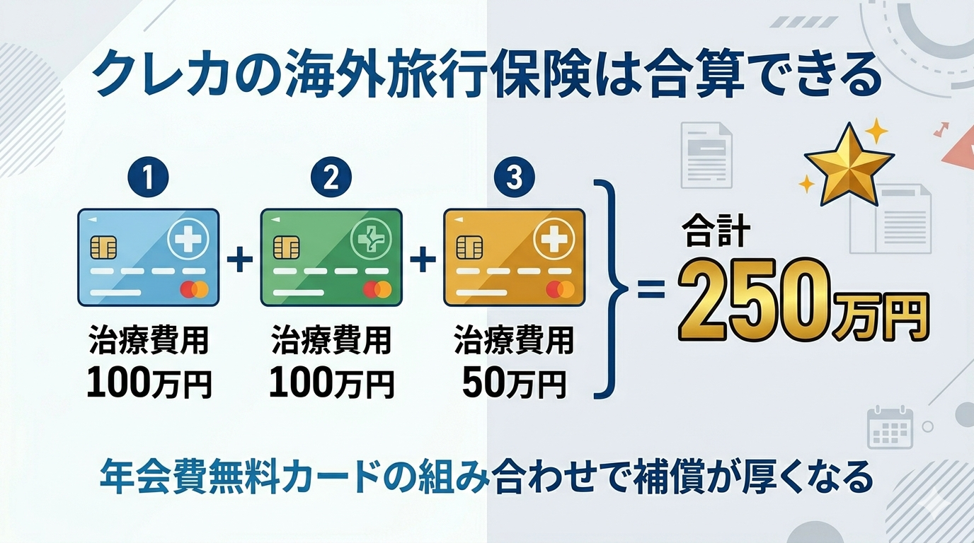 クレカの海外旅行保険は合算できる図解(3枚の治療費用を合計して250万円に)