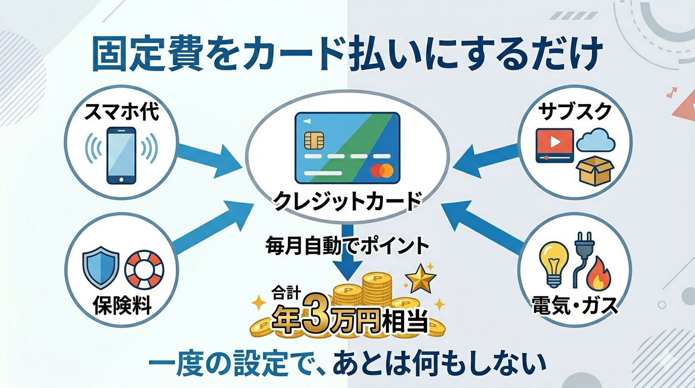 固定費をカード払いにする循環図(スマホ代・サブスク・電気ガス・保険料から毎月自動でポイント年3万円相当)