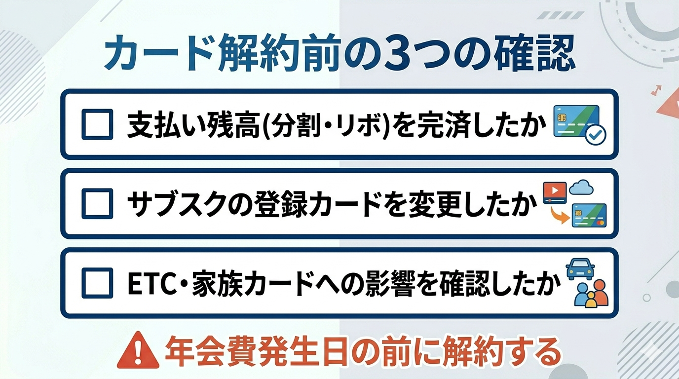 カード解約前の3つの確認チェックリスト(支払い残高・サブスク登録カード・ETC家族カード)