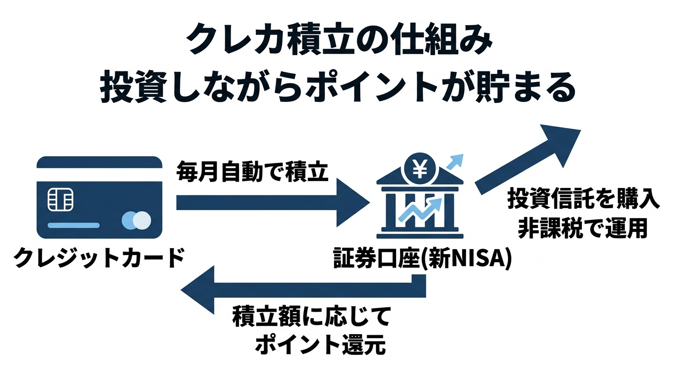 クレカ積立の仕組み図（カードで毎月自動積立・新NISAで非課税運用・積立額に応じてポイント還元の循環）