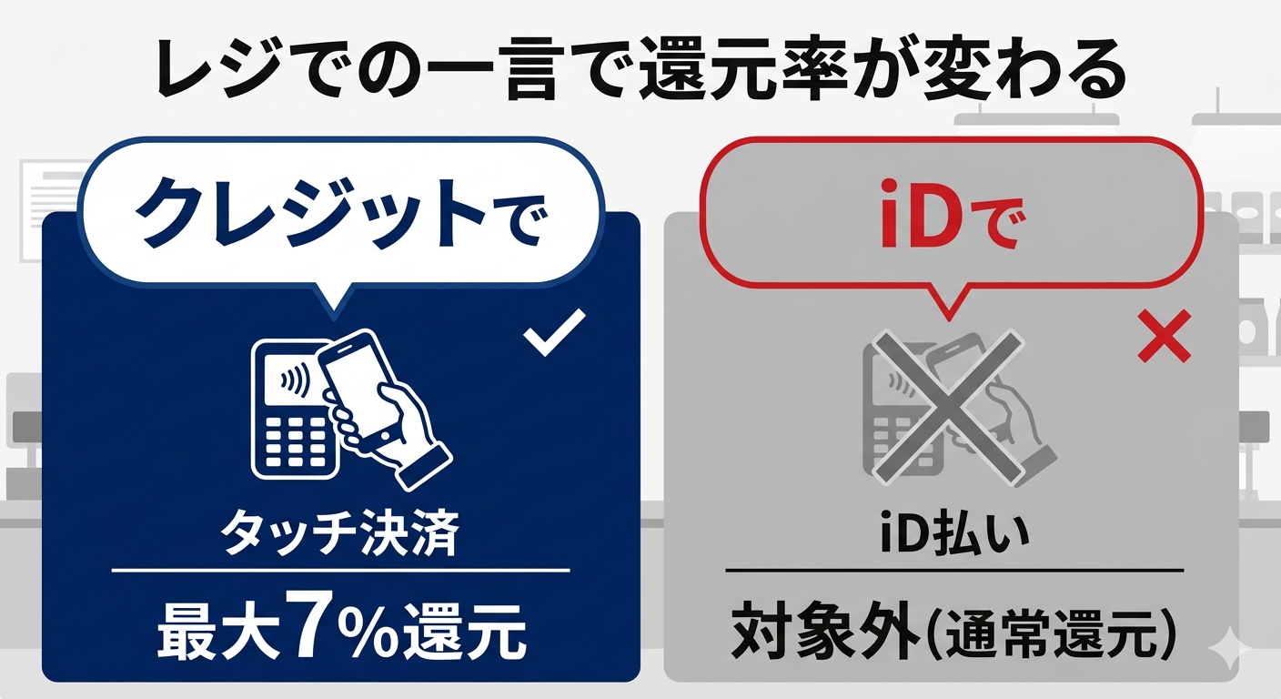 レジでの一言で還元率が変わる図解(「クレジットで」のタッチ決済は最大7%・「iDで」は対象外)