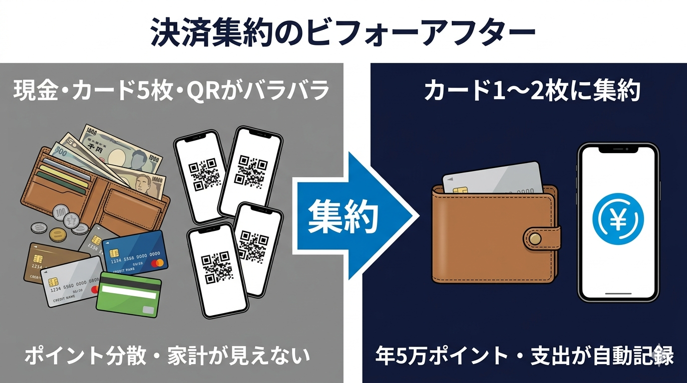 決済集約のビフォーアフター図（バラバラの支払いをカード1〜2枚に集約すると年5万ポイント・支出が自動記録）