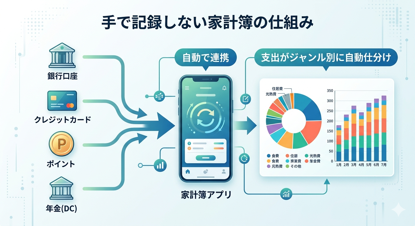 手で記録しない家計簿の仕組み図(銀行口座・カード・ポイント・年金を家計簿アプリに自動連携しジャンル別に自動仕分け)