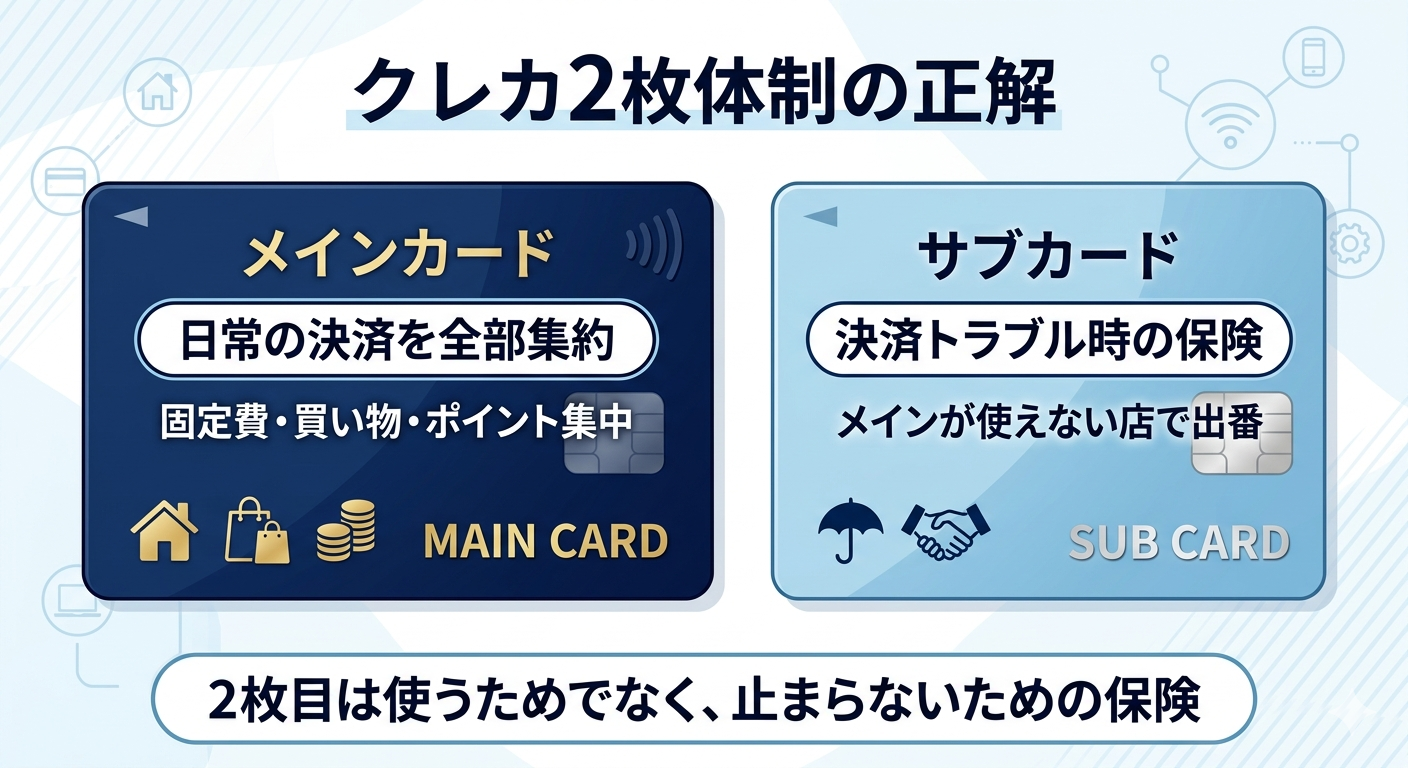 クレカ2枚体制の役割分担図(メインカードに決済集約・サブカードは決済トラブル時の保険)