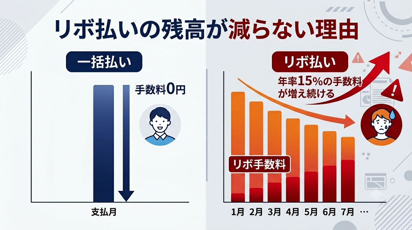 リボ払いの残高が減らない理由の図解(一括払いは手数料0円・リボ払いは年率15%の手数料が増え続ける)