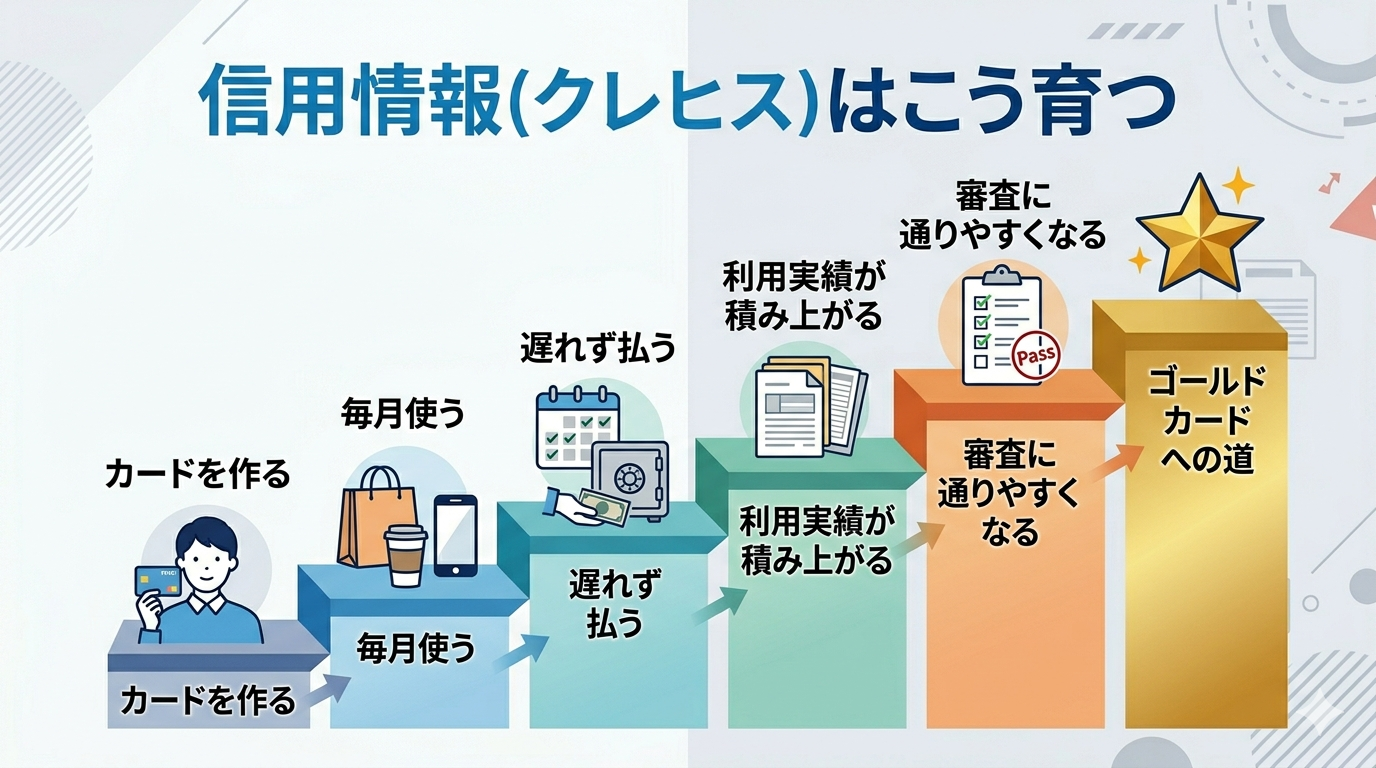 信用情報クレヒスの育ち方タイムライン(カードを作る・毎月使う・遅れず払うの積み重ねで審査に通りやすくなる)
