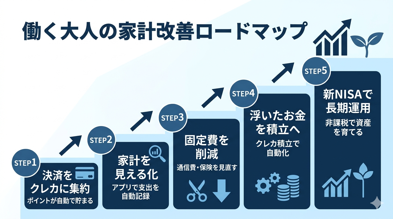 働く大人の家計改善ロードマップ5ステップの全体図(決済集約・見える化・固定費削減・積立・新NISA運用)